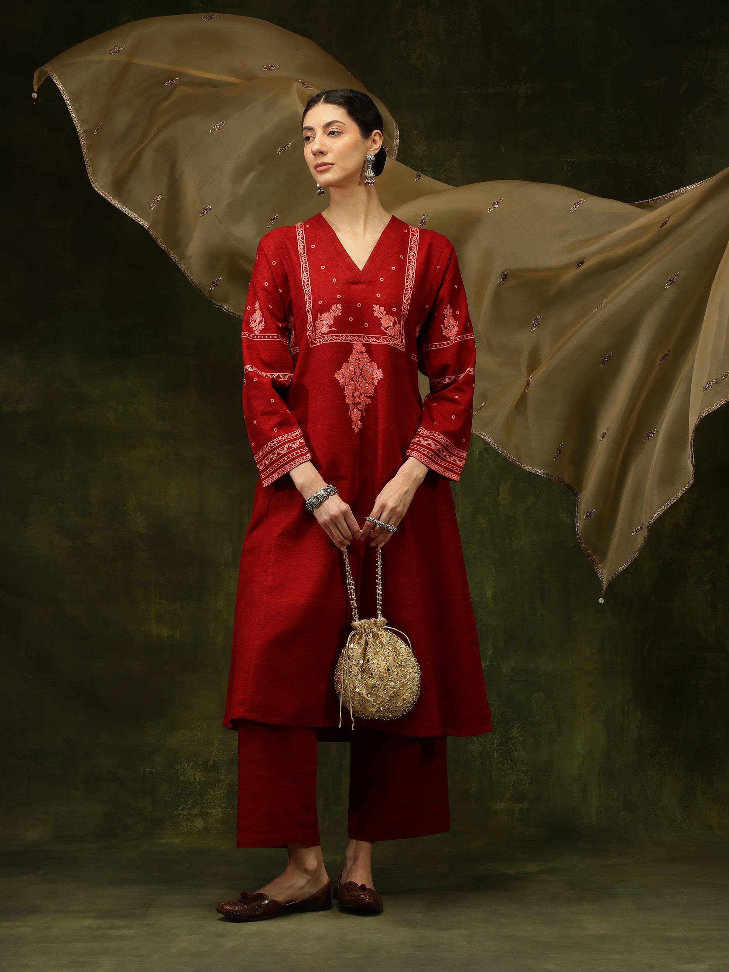 Maroon Silk Crewel Embroidered Kurta