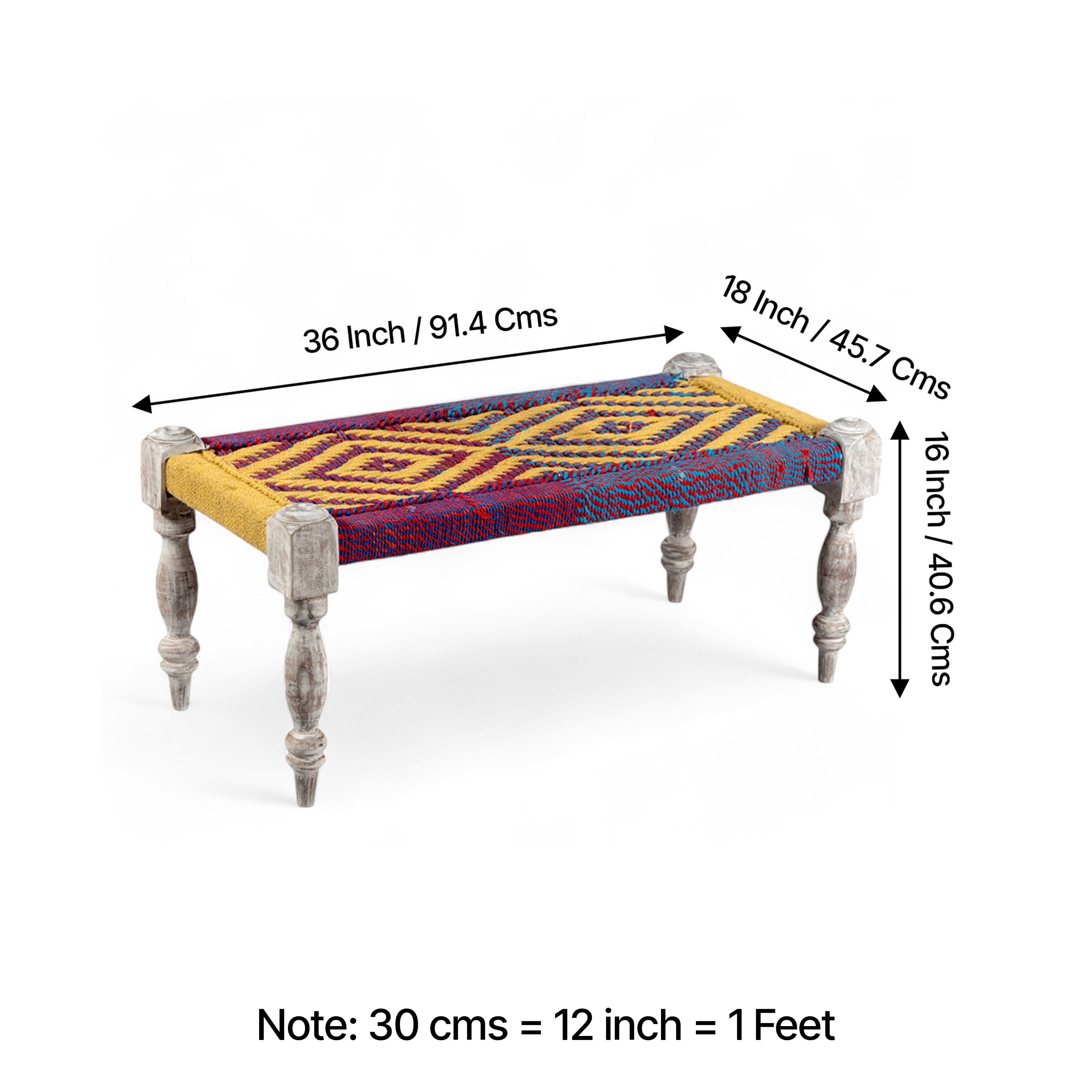 Oakville Sheesham Wood Vintage Seater Maachi Bench Set  2 Stools In Multi Colour Chindi  Yellow Rope