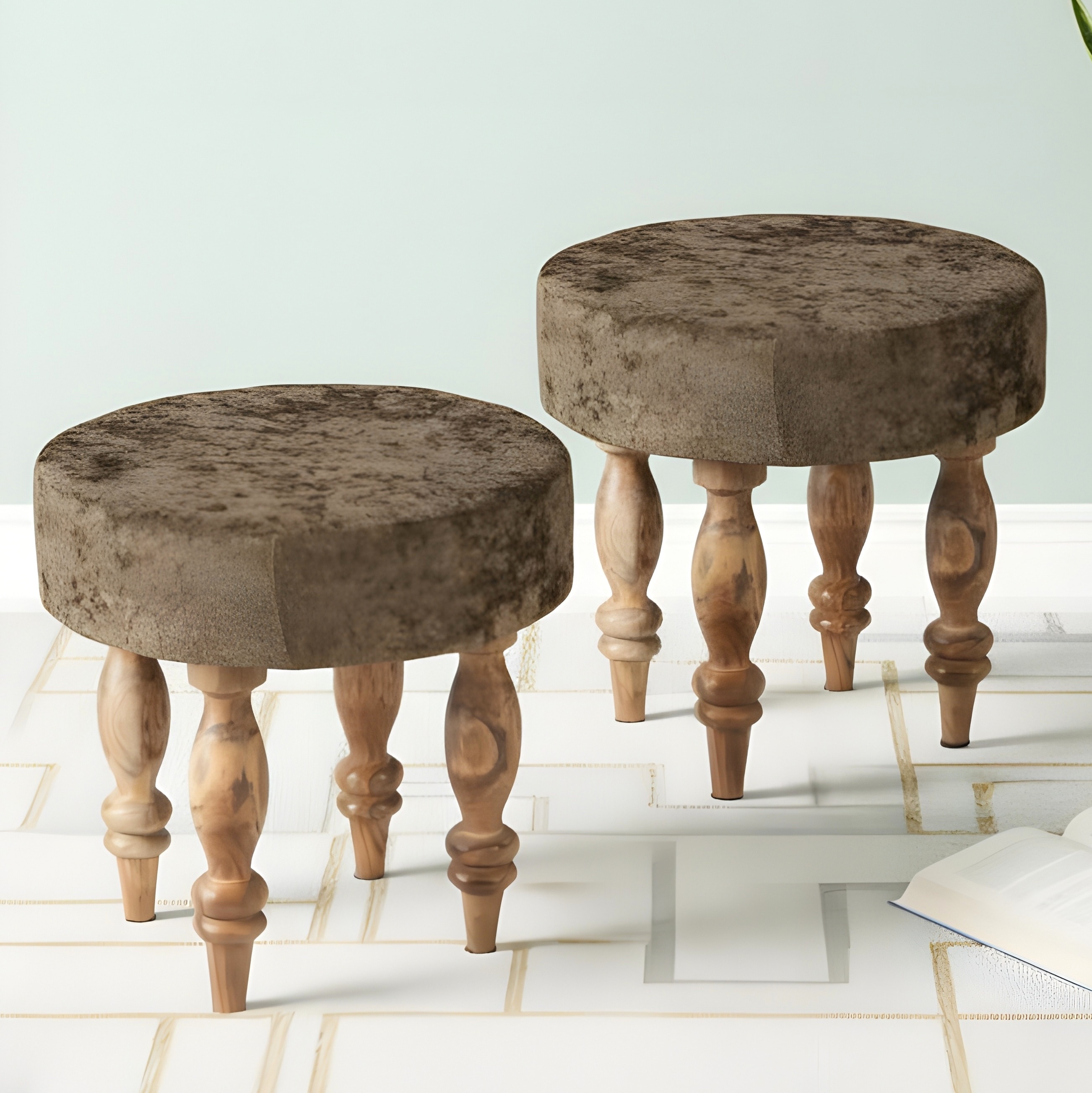 Roswell Sheesham Wood   Round Set of 2 Stools in Green Sparkle Velvet Upholstery