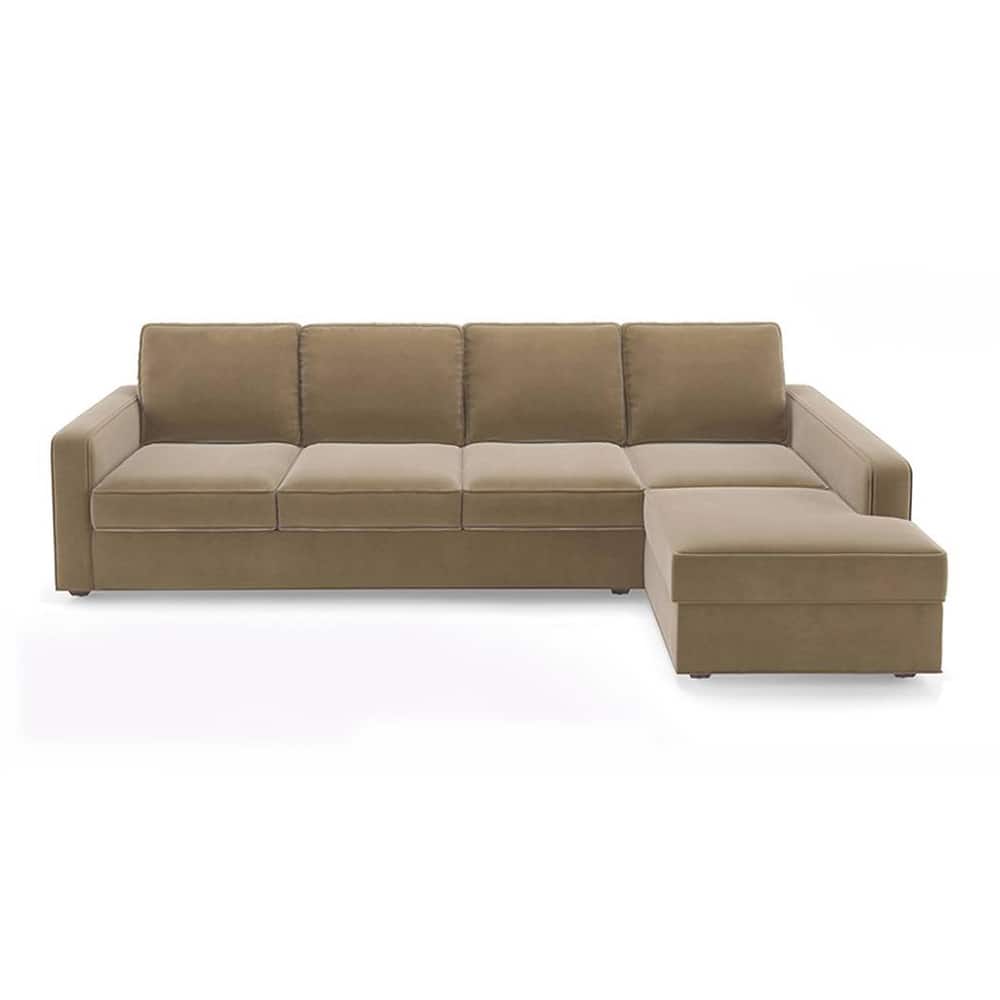 Apollo Compact Sofa (Colour : Fawn Velvet, Cushion : Hard, Back Type : Regular, Seating Capacity : Right Aligned 3 Seater + Right Aligned Chaise + Ottoman) - Urban Ladder