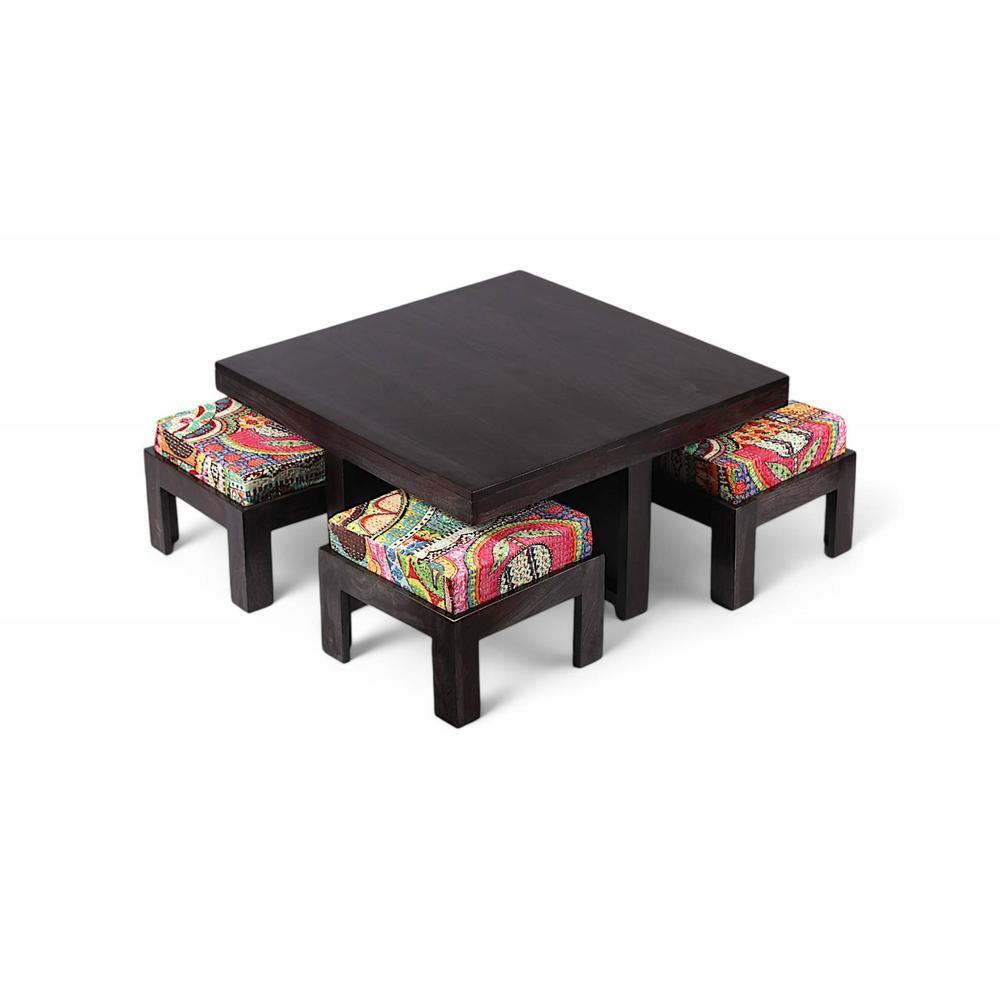 Blane Sheesham Wood Coffee Table With 4 Stools Set In Mahogany Finish & Multi Colour Israel Print Kantha Fabric Cushions
