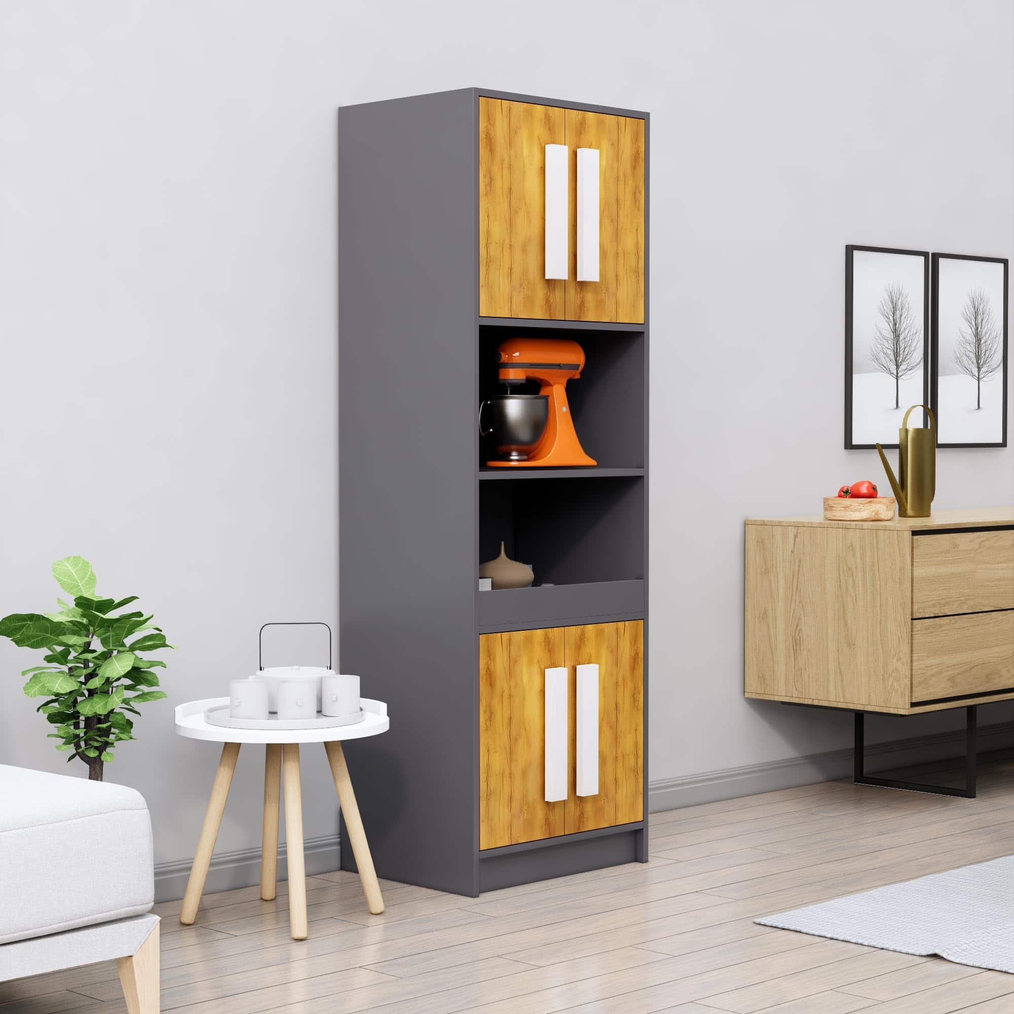 Hexa Red Crockery Unit Multipurpose Wooden Cabinet in Slate Grey And Giant Wood Colour - HexaRed