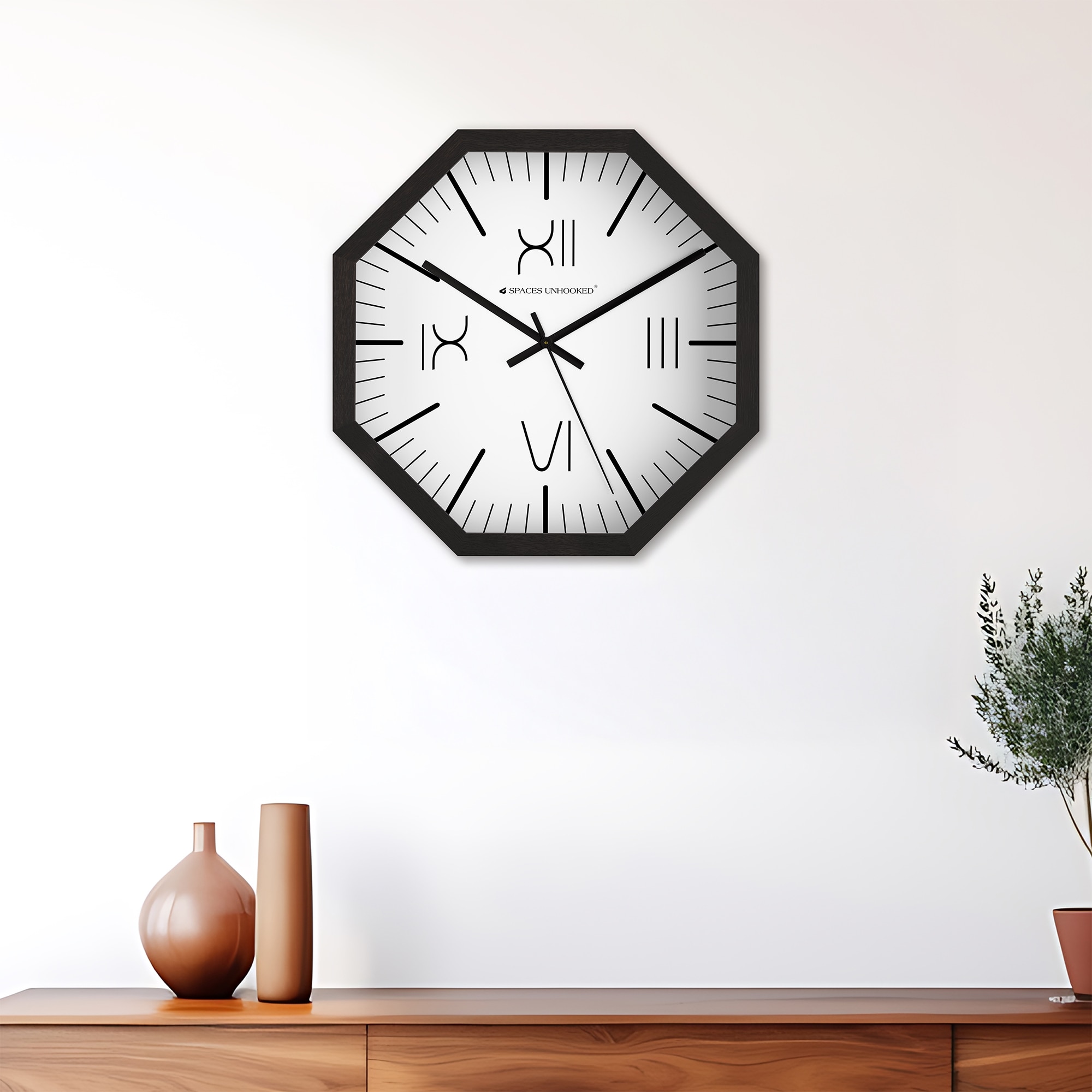 Octagonal Wooden Wall Clock with Bold Roman Numerals - Spaces Unhoooked