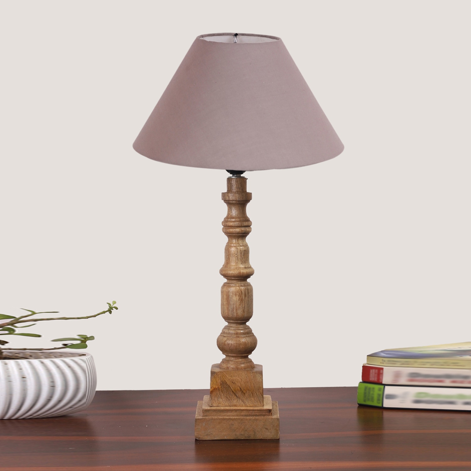 Devansh Grey Cotton Table Lamp With  Wood Natural Base (10X10X21 Inches)-32 - Devansh