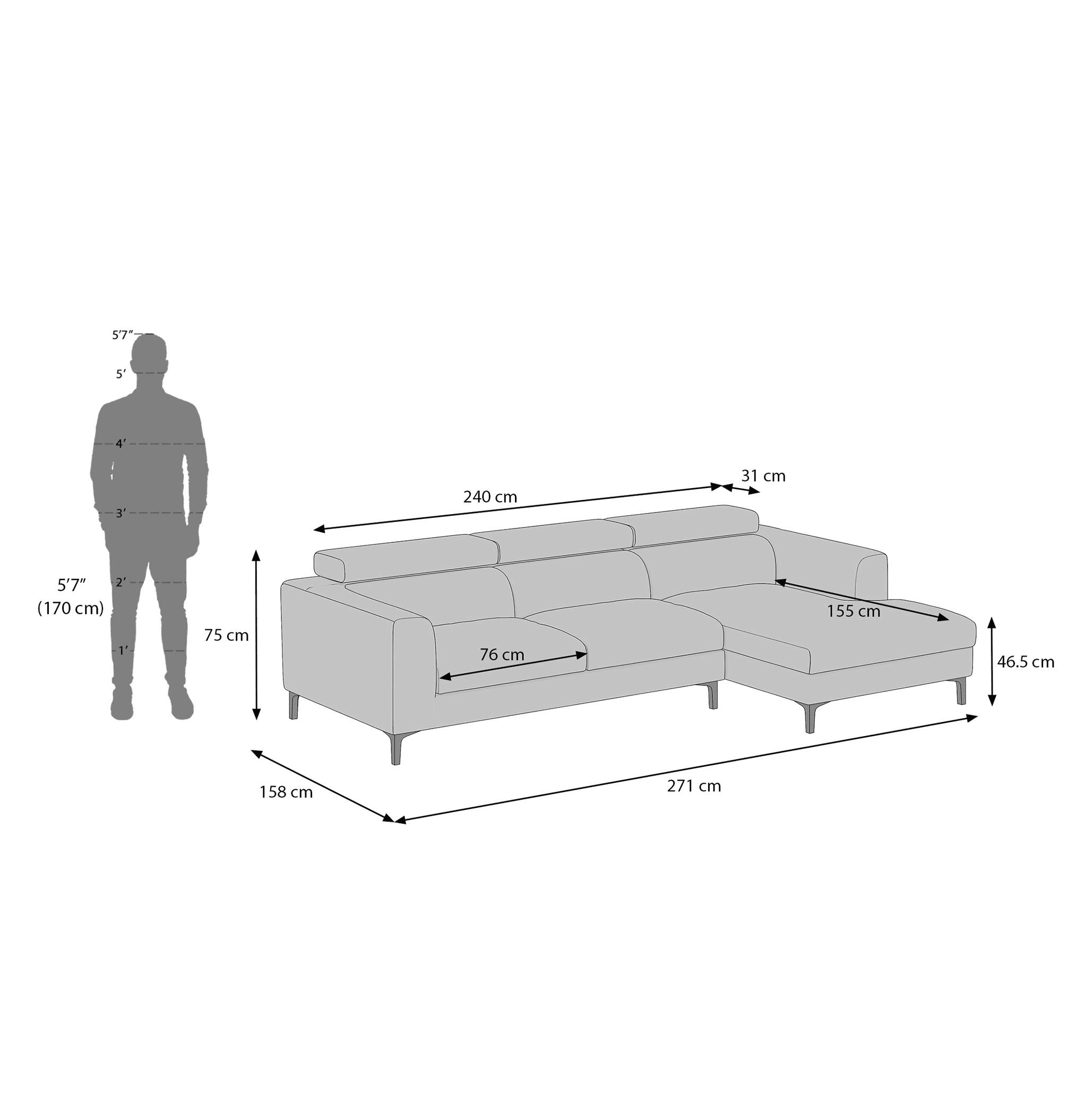 Chelsea Right Aligned 3 Seater Sectional Fabric Sofa (Vapour Grey)