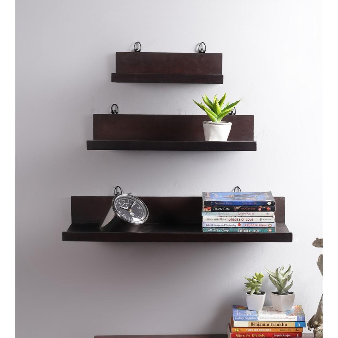 Solid Wood Floating Wall Shelf Set of 3 in Brown Colour-picture-15
