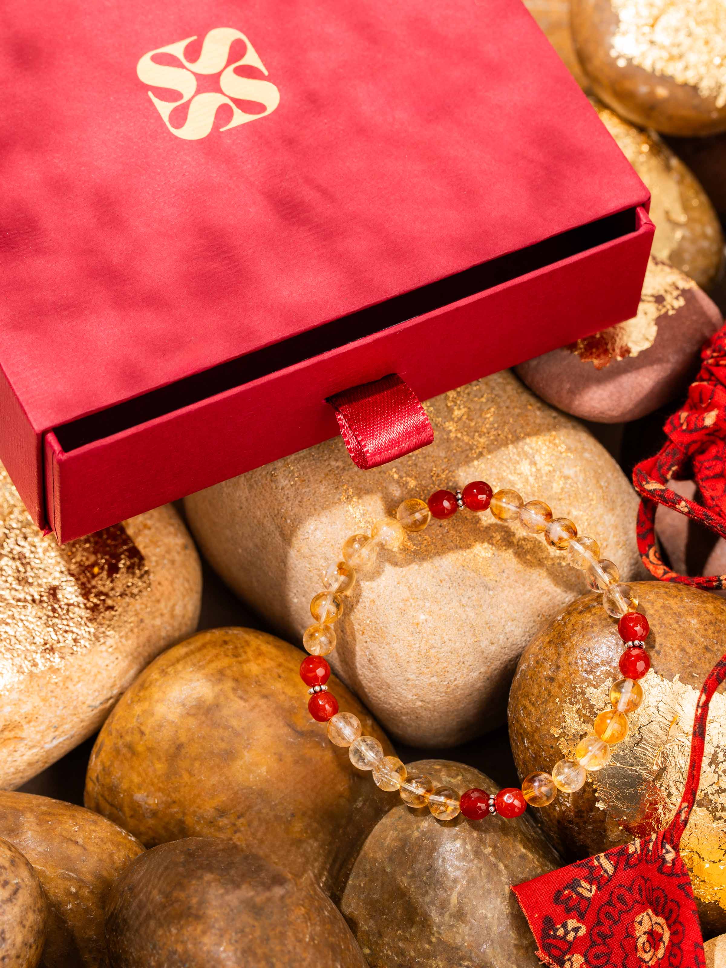 Close-up lifestyle shot of Carnelian, Citrine Bracelet styled on wrist to show natural stone brilliance