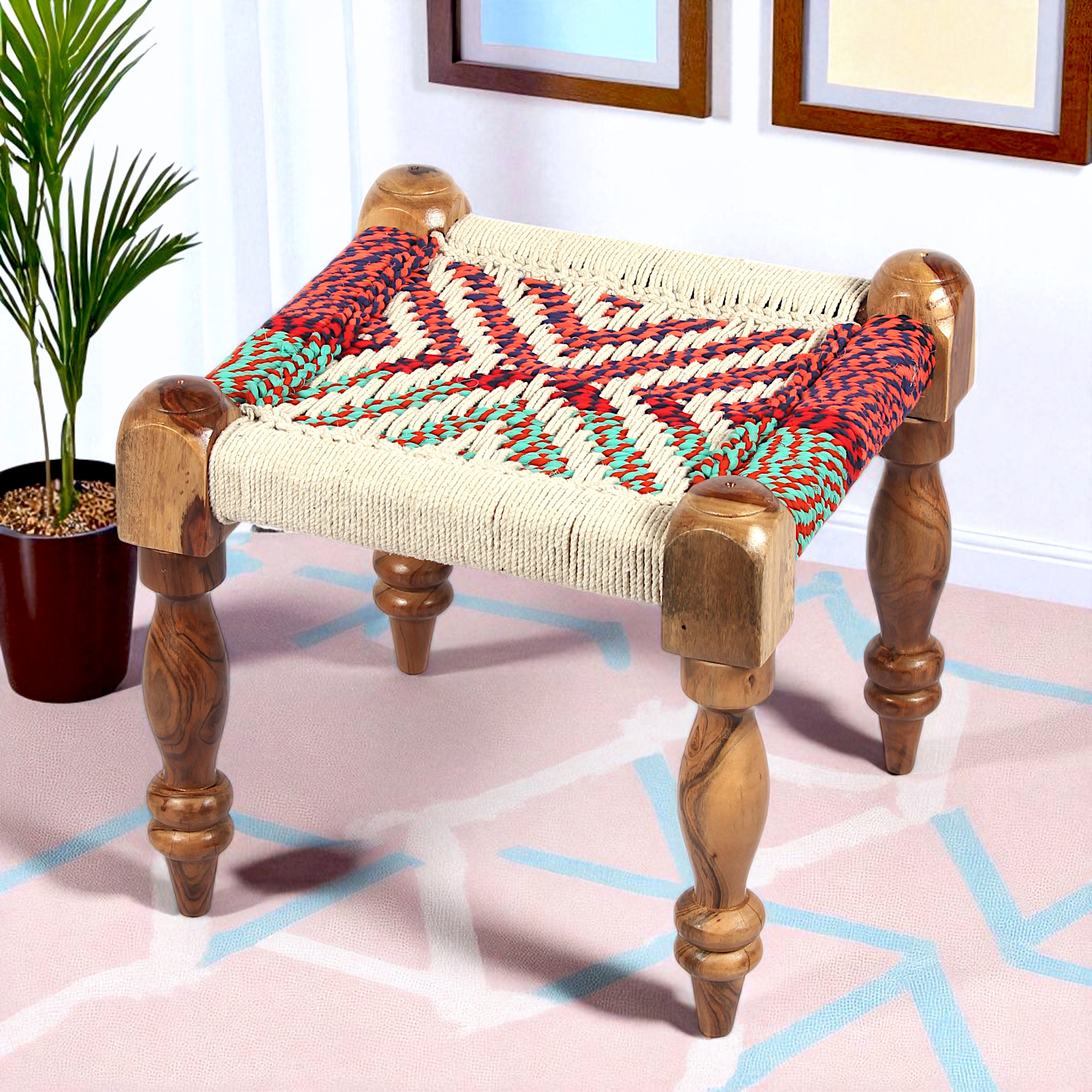 Riaza Sheesham Wood Maachi Stool in Assorted Multi-Colour Chindi & White Rope Canning