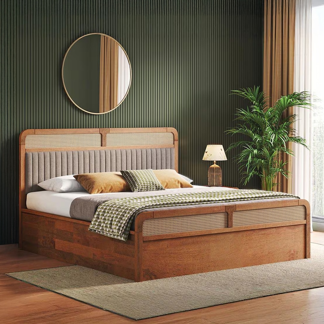 Hanoi Solid Wood Cane King Size Hydraulic Storage Bed In Amber Walnut Finish with Shitake Beige Colour