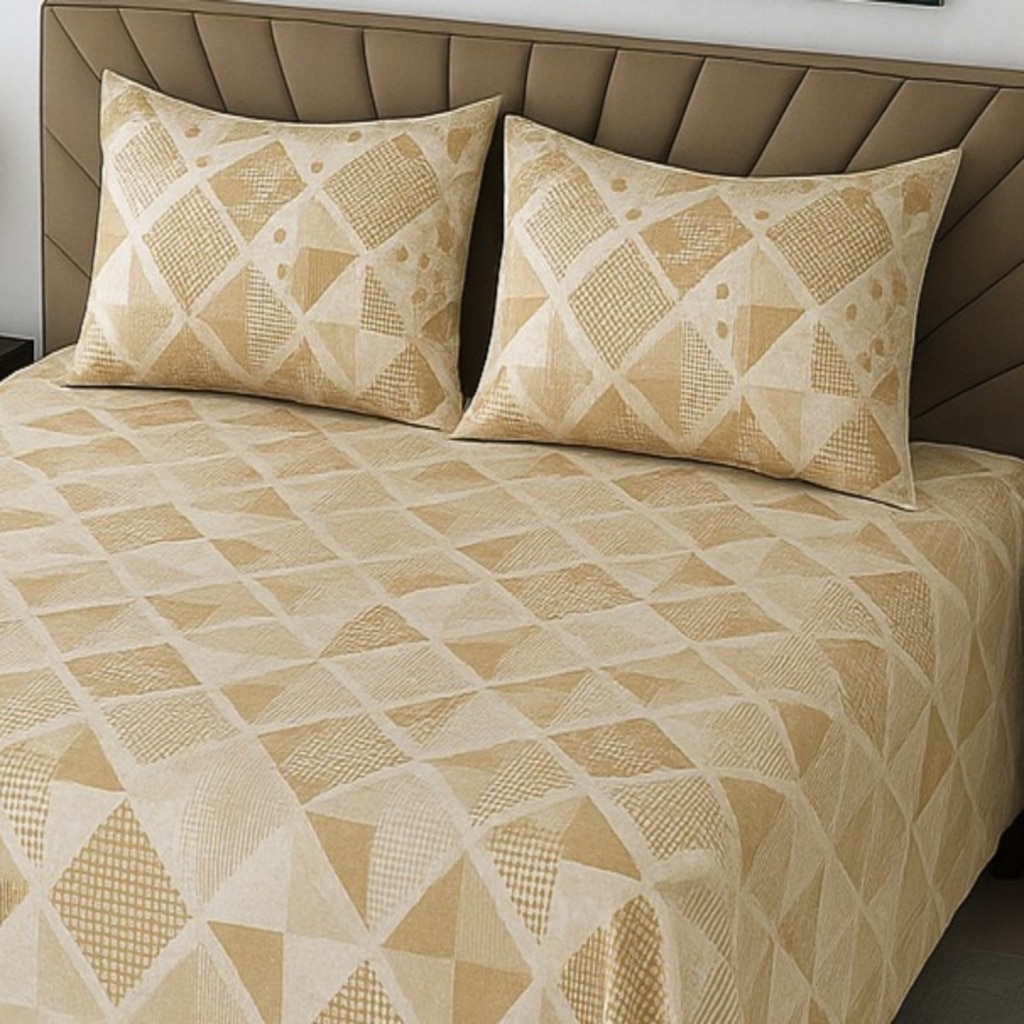 Cream Geometric 210 TC Mix Cotton Flat Super King Size Bedsheet With 2 Pilllow Covers From Threads