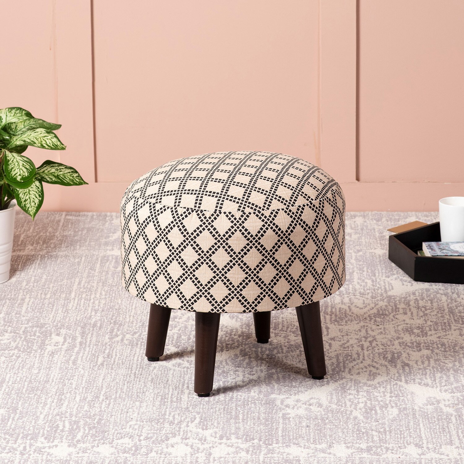Quad Jacquard Wooden Ottoman in Black & Cream Color