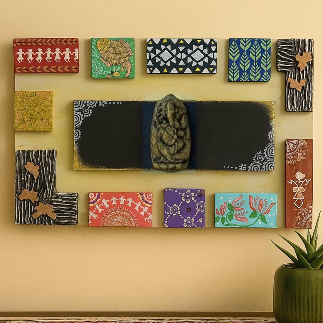 Multi Color Wooden Wall Art Panel with hand made God's idol Cone Art Work of Marble Dust and Clay