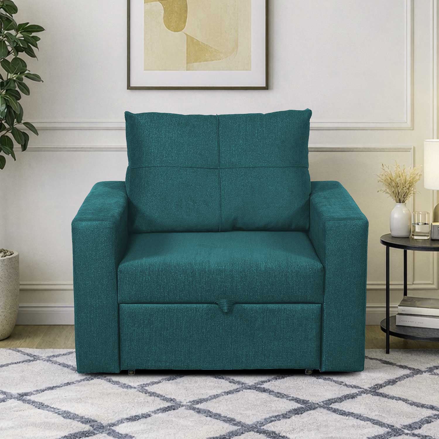 Bella One  Seater Pull Out  Fabric Sofa Cum Bed Teal Blue - Home Lifestylez