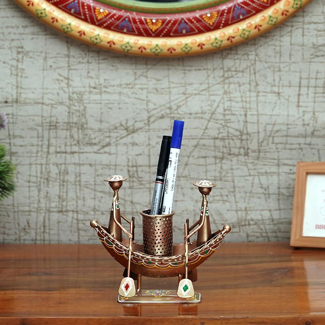 Desert Art Metal Handpainted Golden Boat Pen Stand-image-17