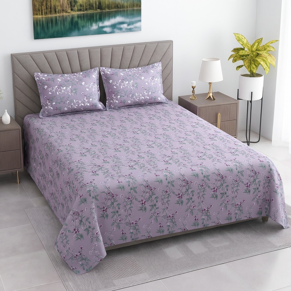 Lavender Floralcotton400 Tcflat  Super King Size Bedsheet With 2 Pillow Covers - Threads