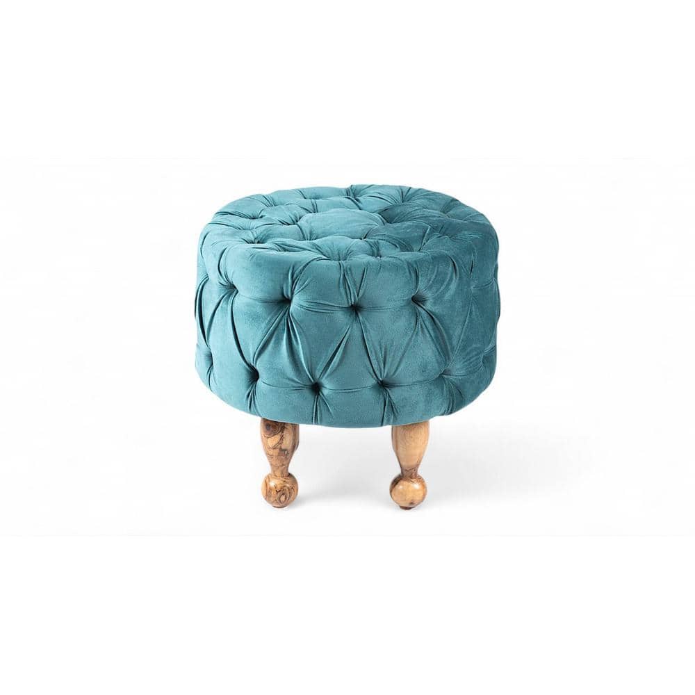 Louisville Acacia Wood Accent Round Set of 2 Pouf Stools in Turquoise