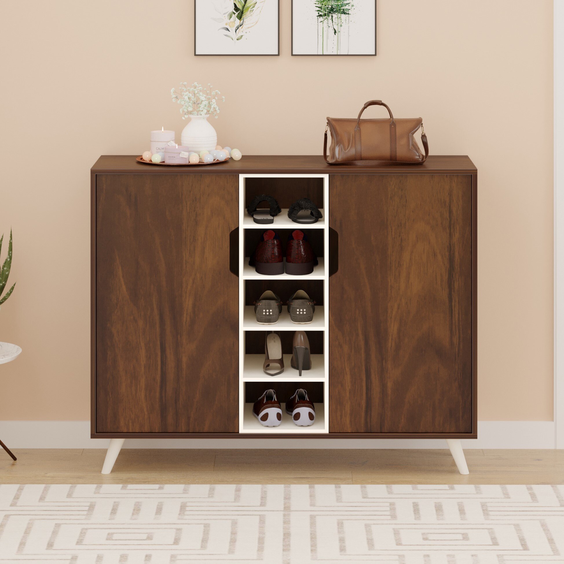 BLUEWUD Furlyn Engineered Wood Dual Tone 2 Doors Shoe Rack Cabinet Slipper Footwear Stand Organizer with Handle Less Desgin & 5 Closed Shelves can Store Up to 25 Pairs for Home (Brown Maple & White)