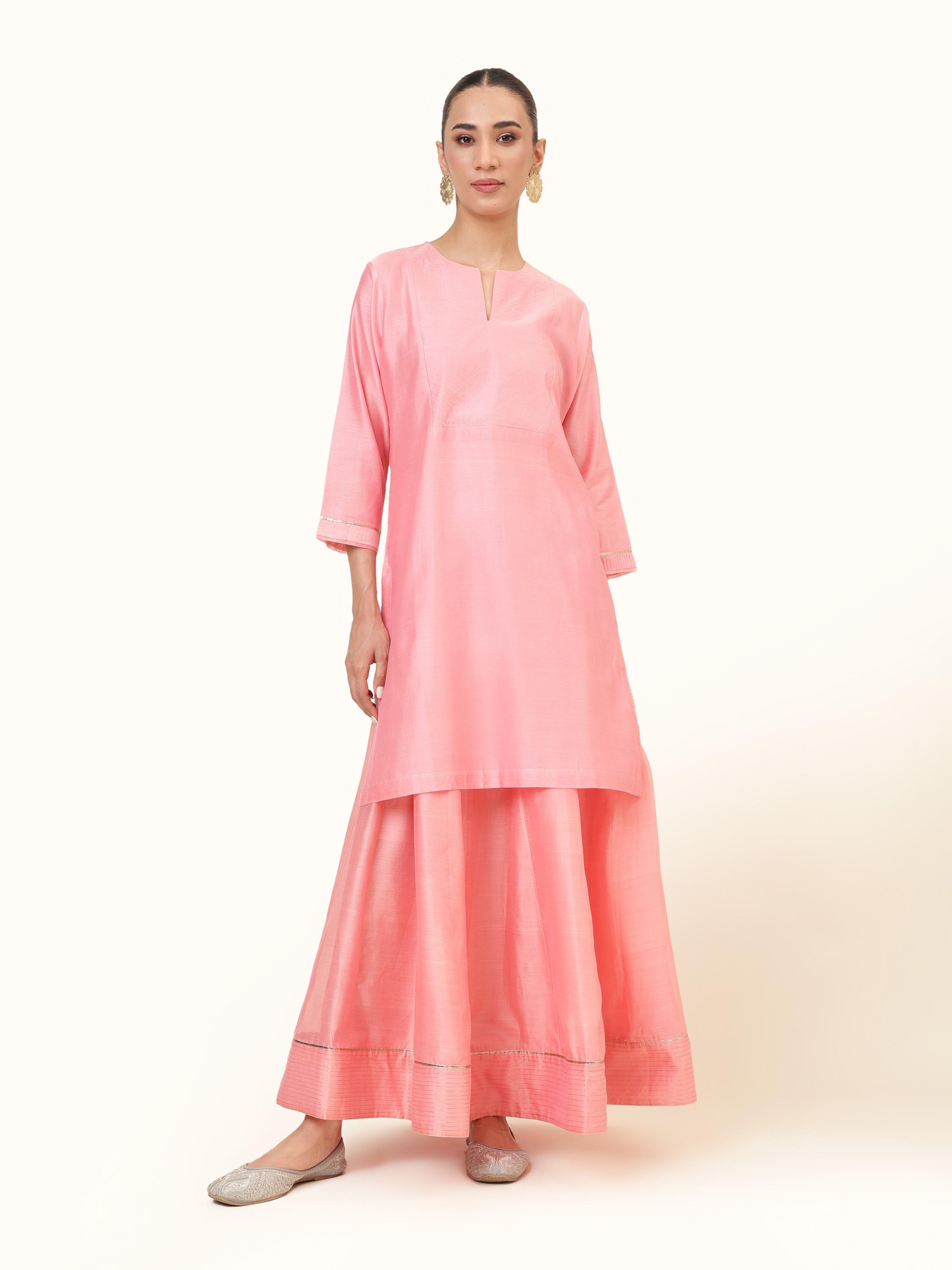 Front view of pink cotton silk Chanderi tunic with subtle sheen and fine weave.