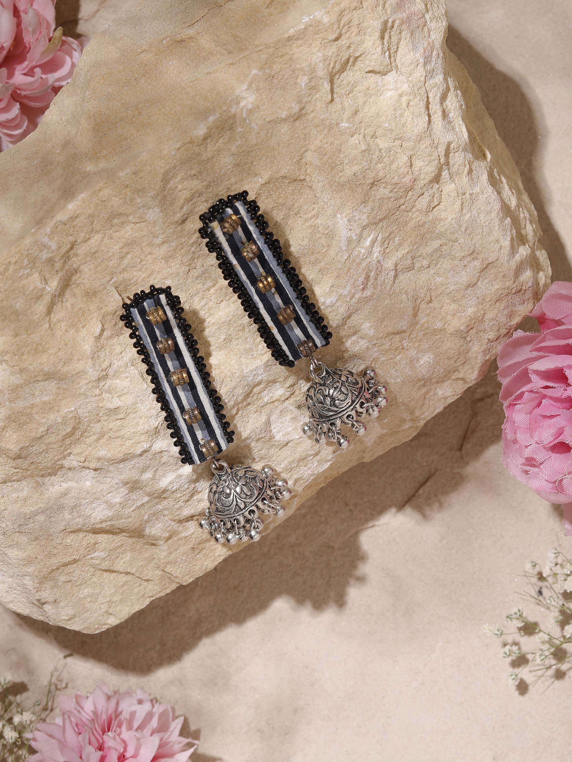 Side view of Ajrakh Drop Earrings highlighting detailed design by Swadesh