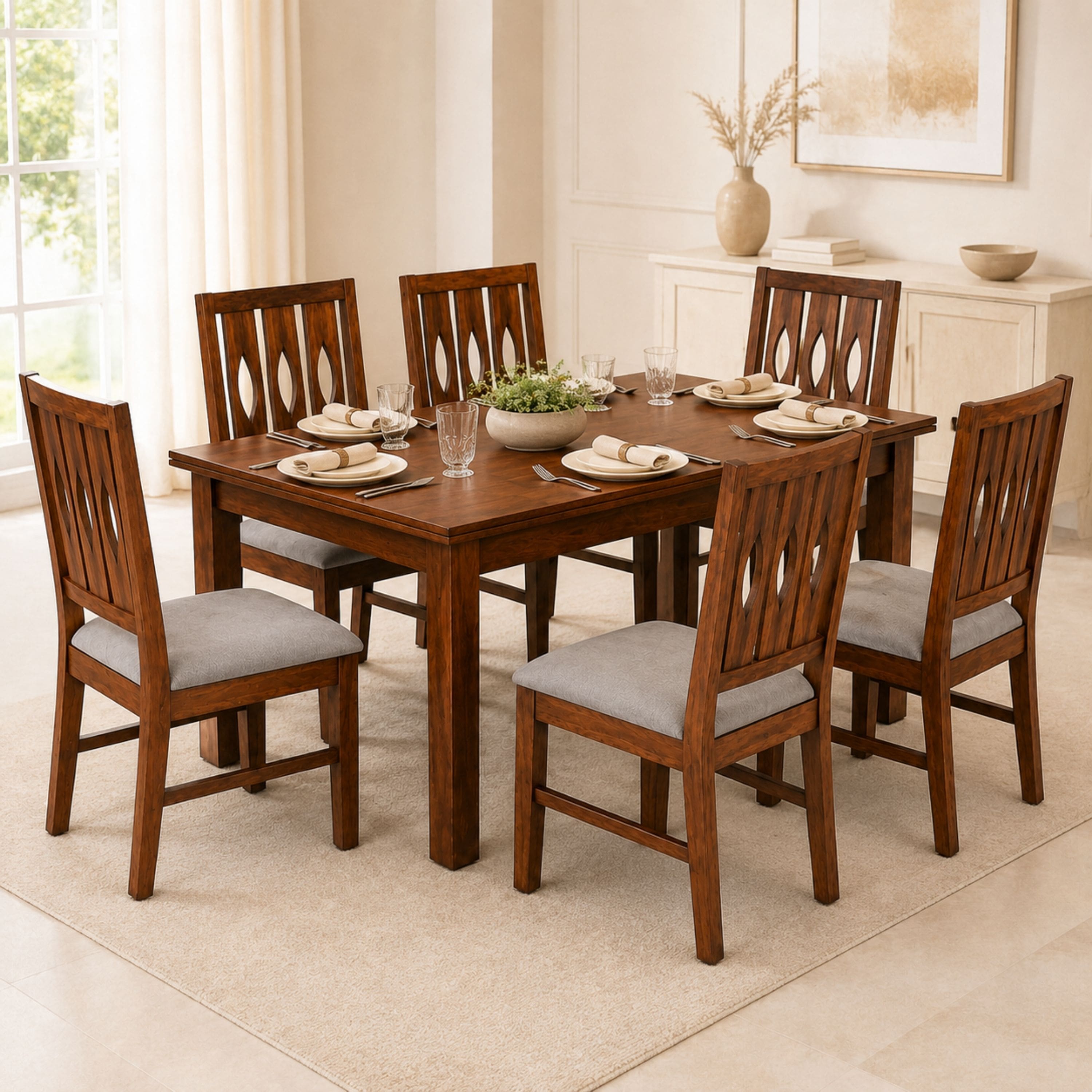 Globally Indian Vihana Solid Sheesham Wood 6 Seater Dining Table Set 6 Chairs Grey
