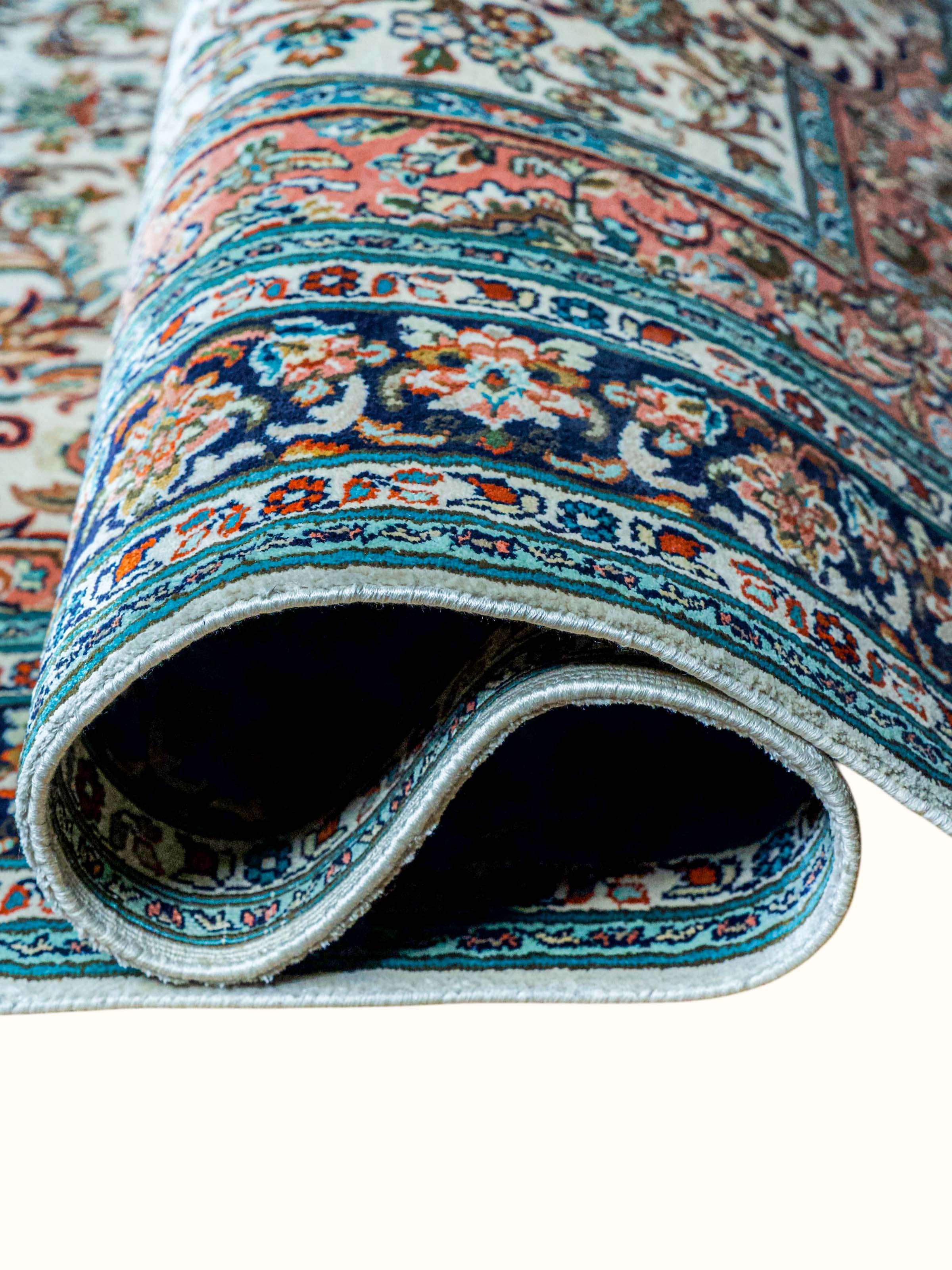 Traditional Persian Ivory Rust Kashan Kashmir Silk Hand-Knotted Carpet