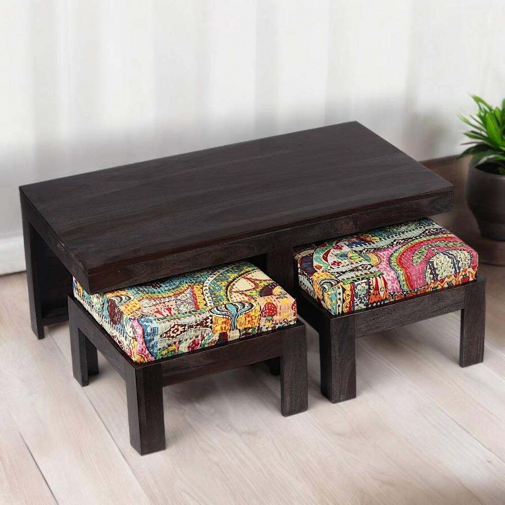 Irish Sheesham Wood Coffee Table With 2 Stools Set In Mahogany Finish & Multi Colour Israel Print Kantha Fabric Cushions