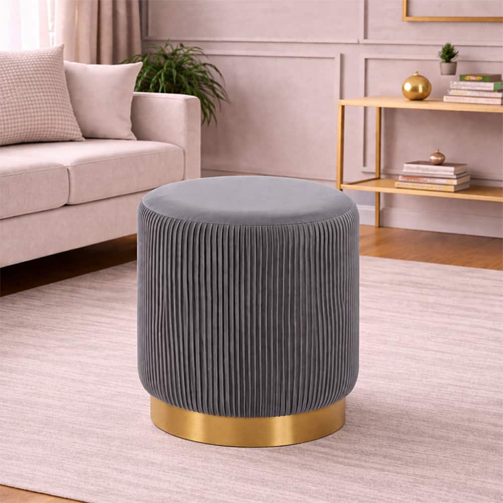 Doe Buck Damato Luxury Velvet Round Ottoman in Grey Colour with Gold Base - Doe Buck
