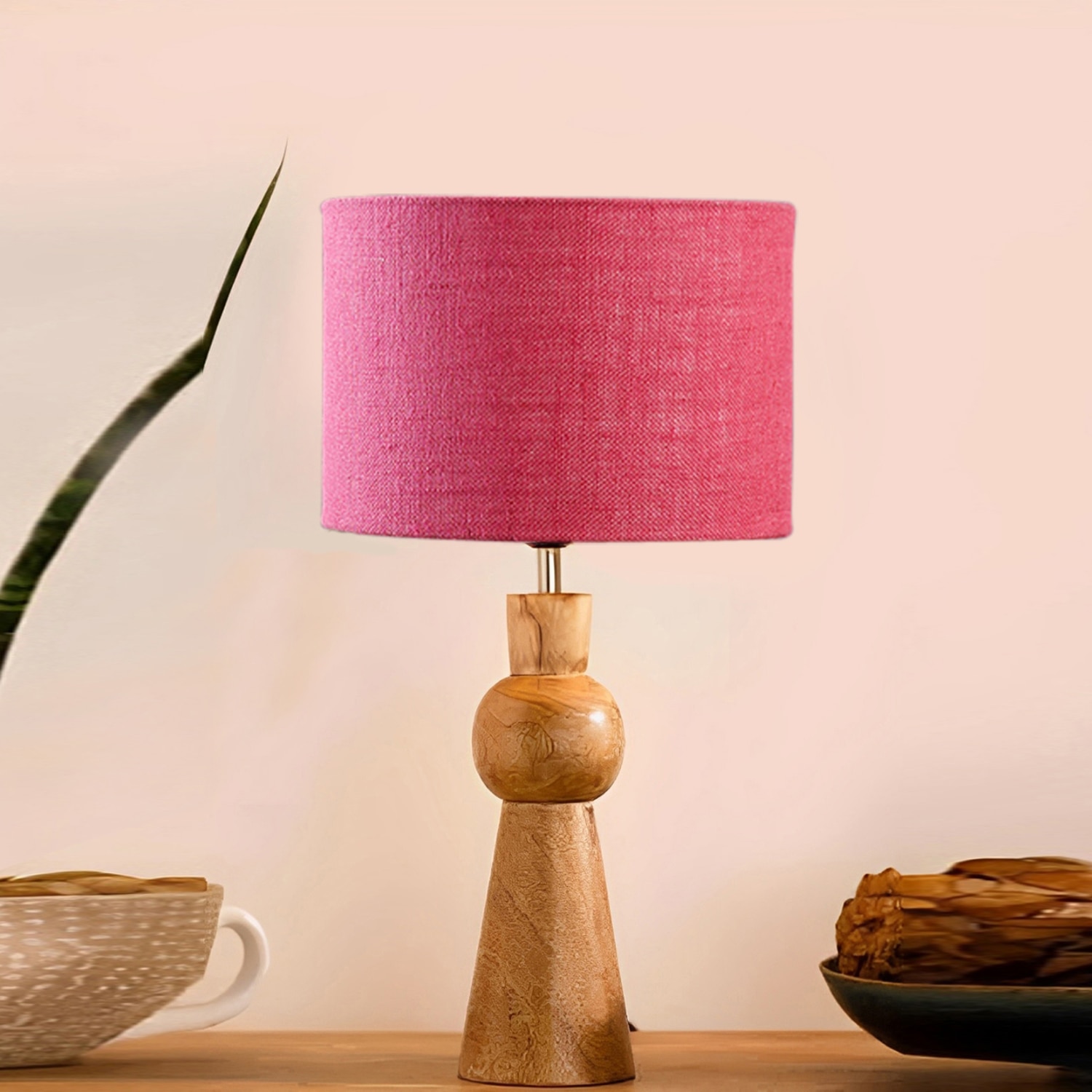 Devansh Pink Jute Table Lamp With  Wood Natural Base (7X18.25 Inches)-11 - Devansh