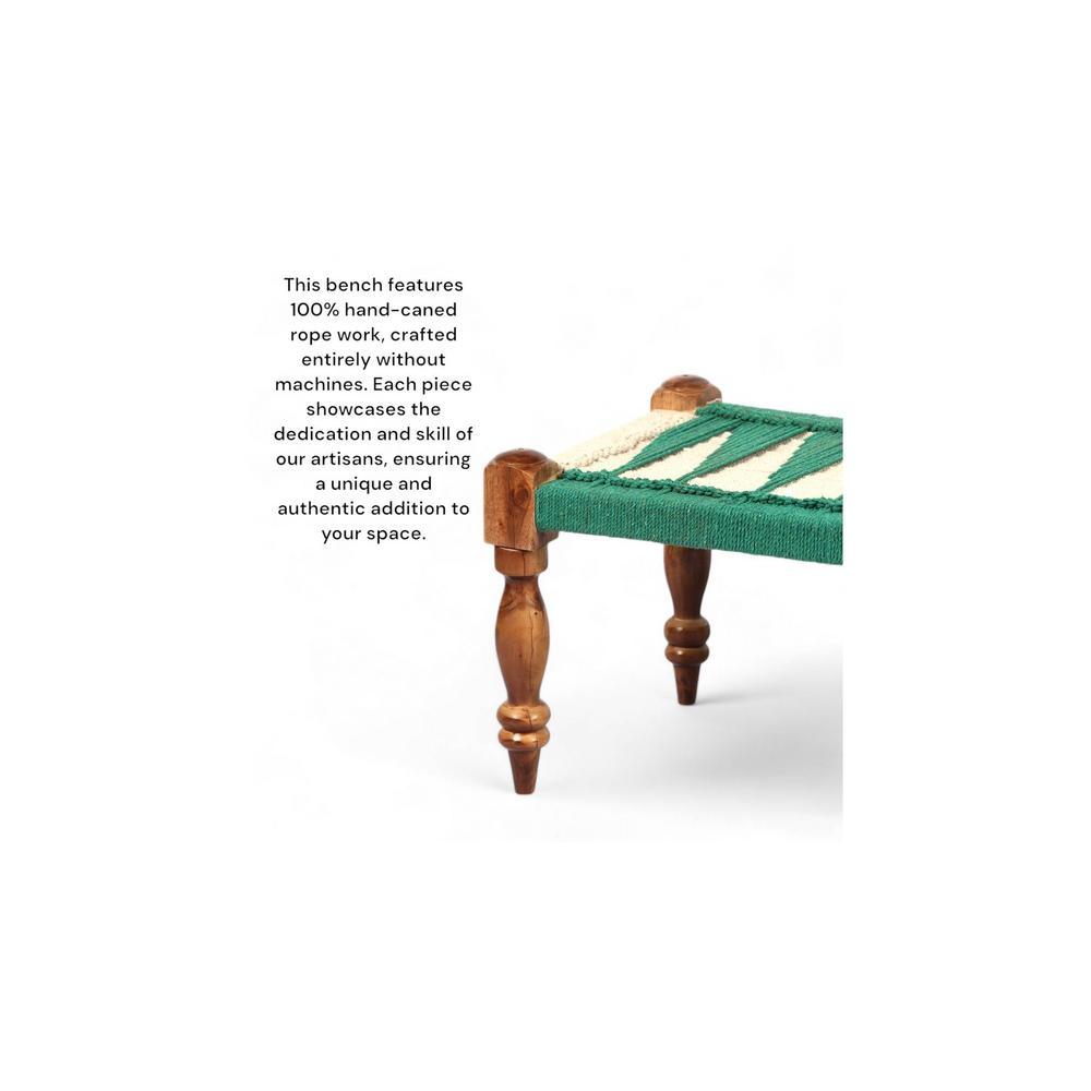 Hamilton Sheesham Wood Maachi Bench Set With 2 Stools In Green & White Rope Canning