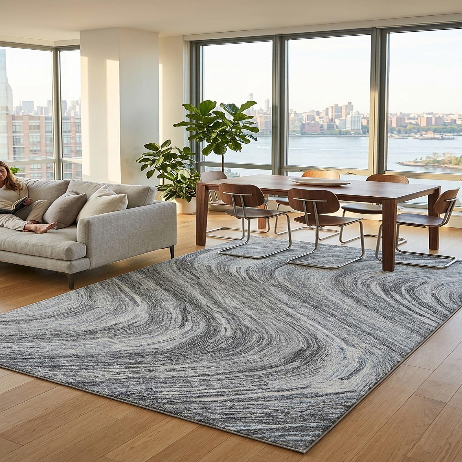 Modern Marble Wave Area Rug Cream Blue Charcoal Tufted 60 x 91 - The Woven Legacy