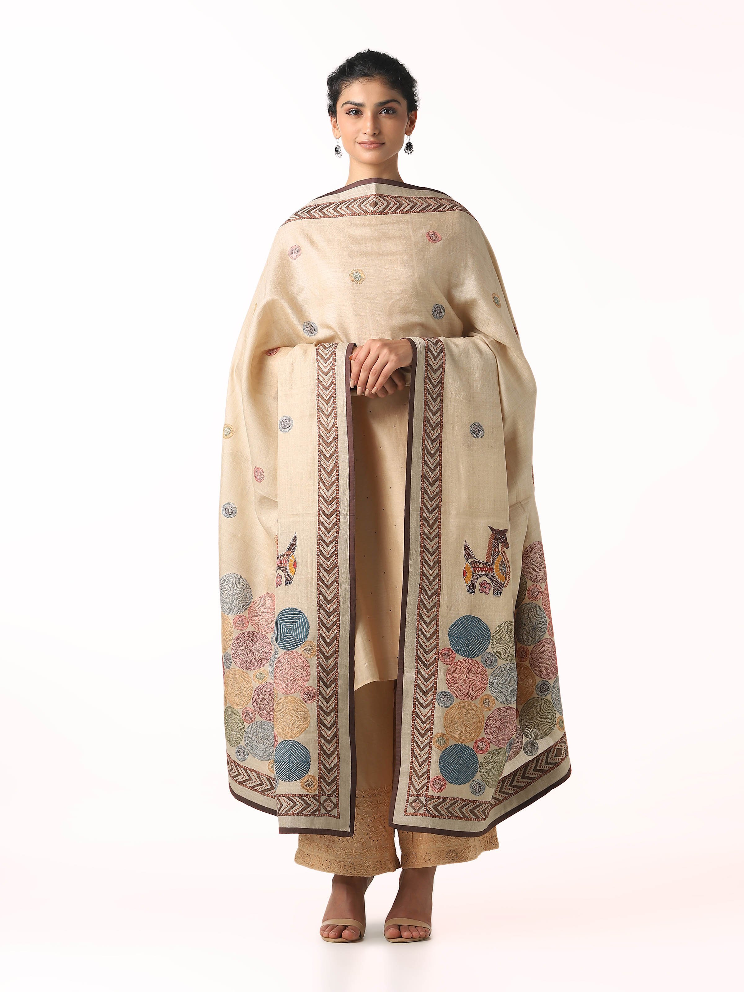 Beige Tussar Silk Bankura Dupatta