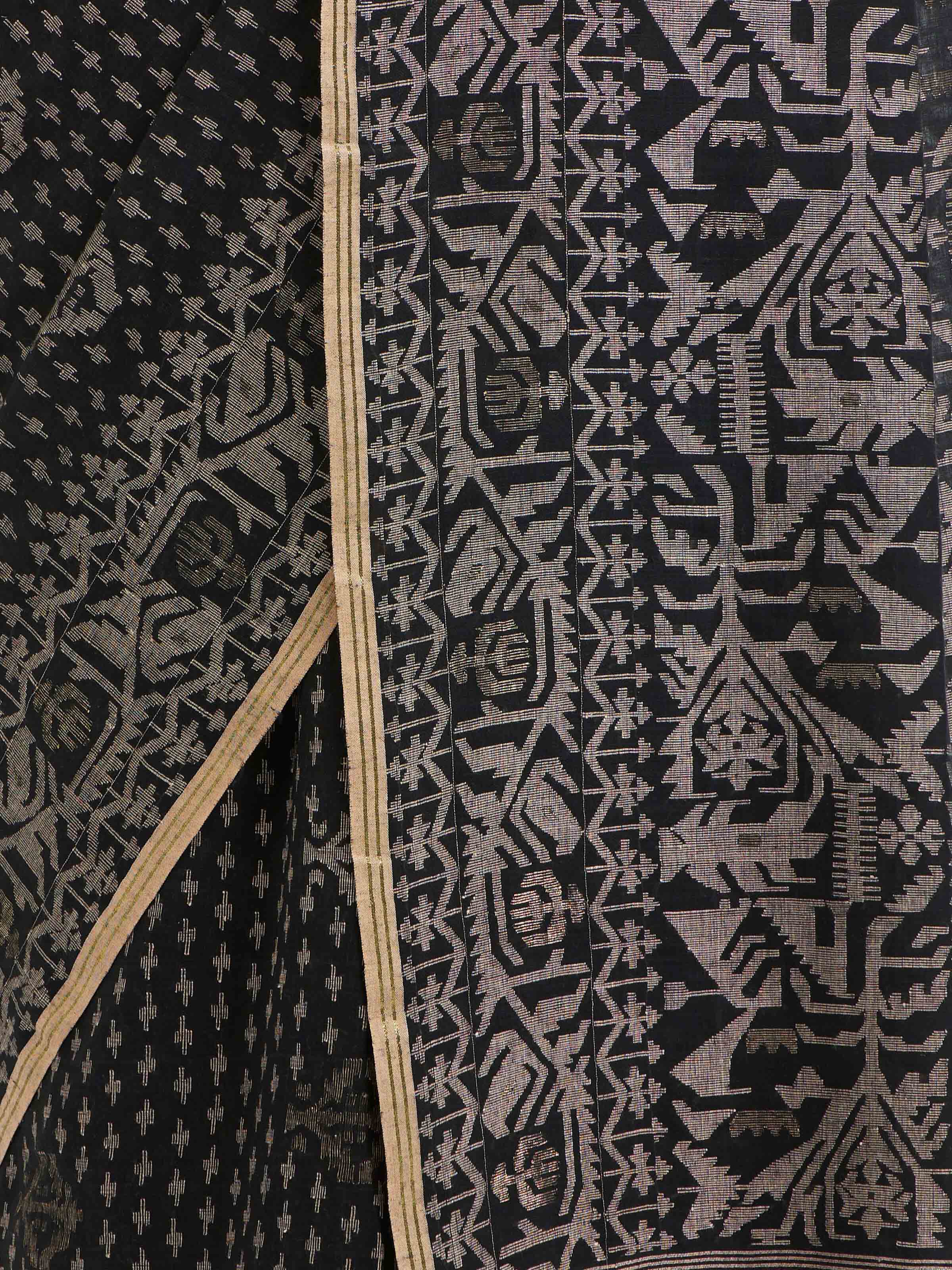 Detail view of black cotton Bengal Jamdani saree showing intricate weaving