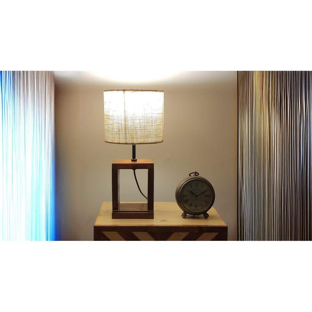 Moby Brown Wooden Table Lamp with Yellow Printed Fabric Lampshade