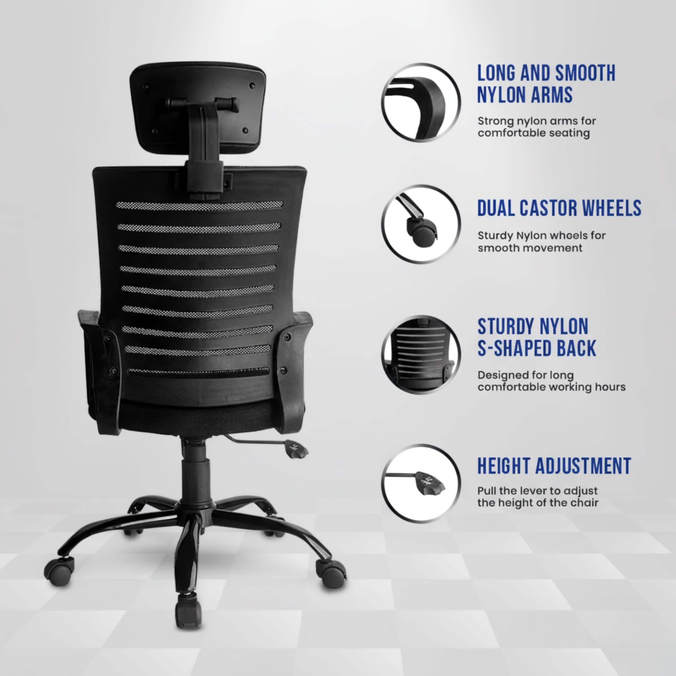 Aspira High Back Mesh Office Chair with Headrest in Black Colour