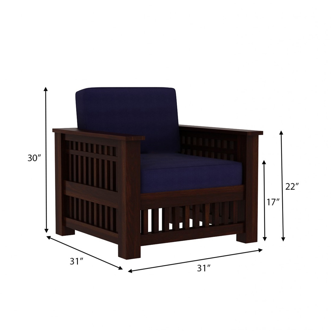 Anjani 3+1+1 Seater Wooden Sofa (BLUE Colour, Dark Walnut Finish)