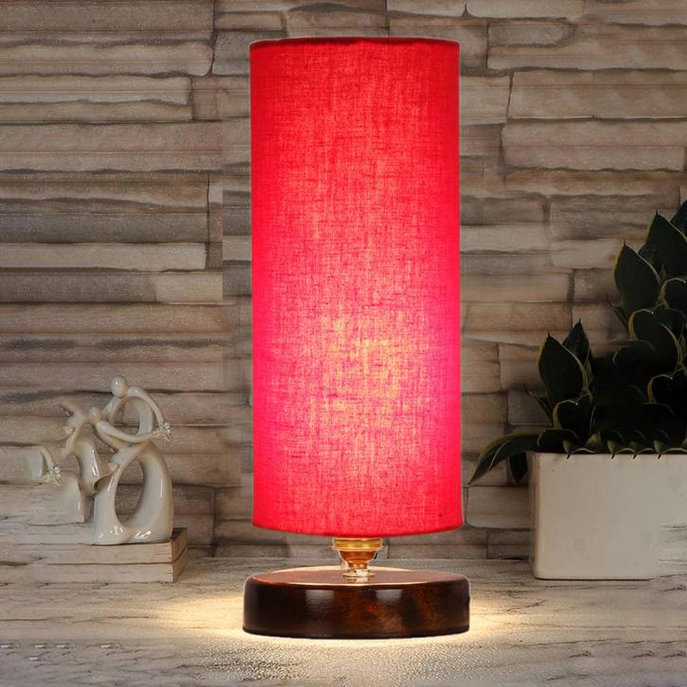 Sheba Red cotton table lamp with brown wood base