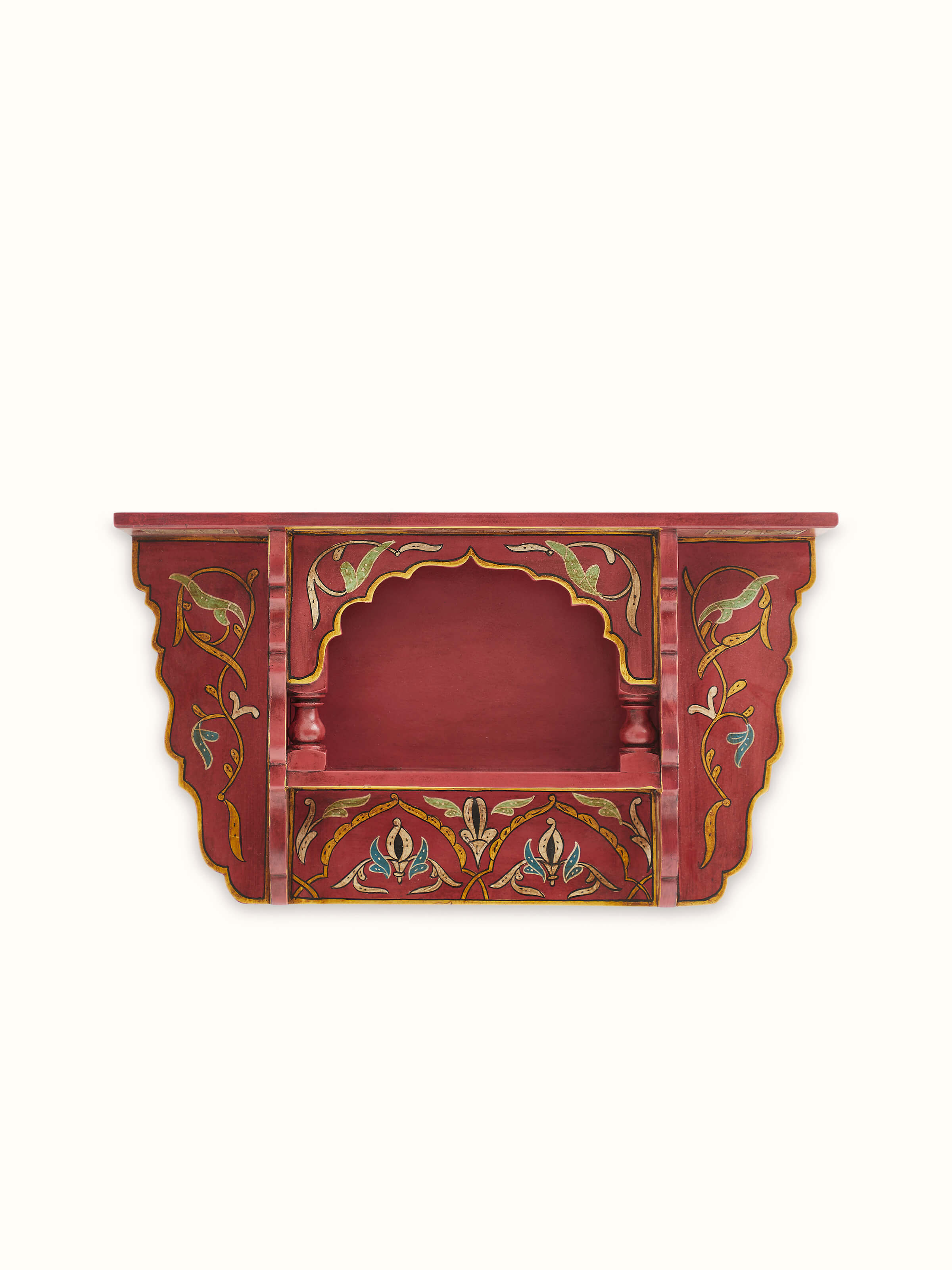 Front view of Swadesh Red Miniature Painted Wall Shelf showcasing intricate artwork and vibrant red color