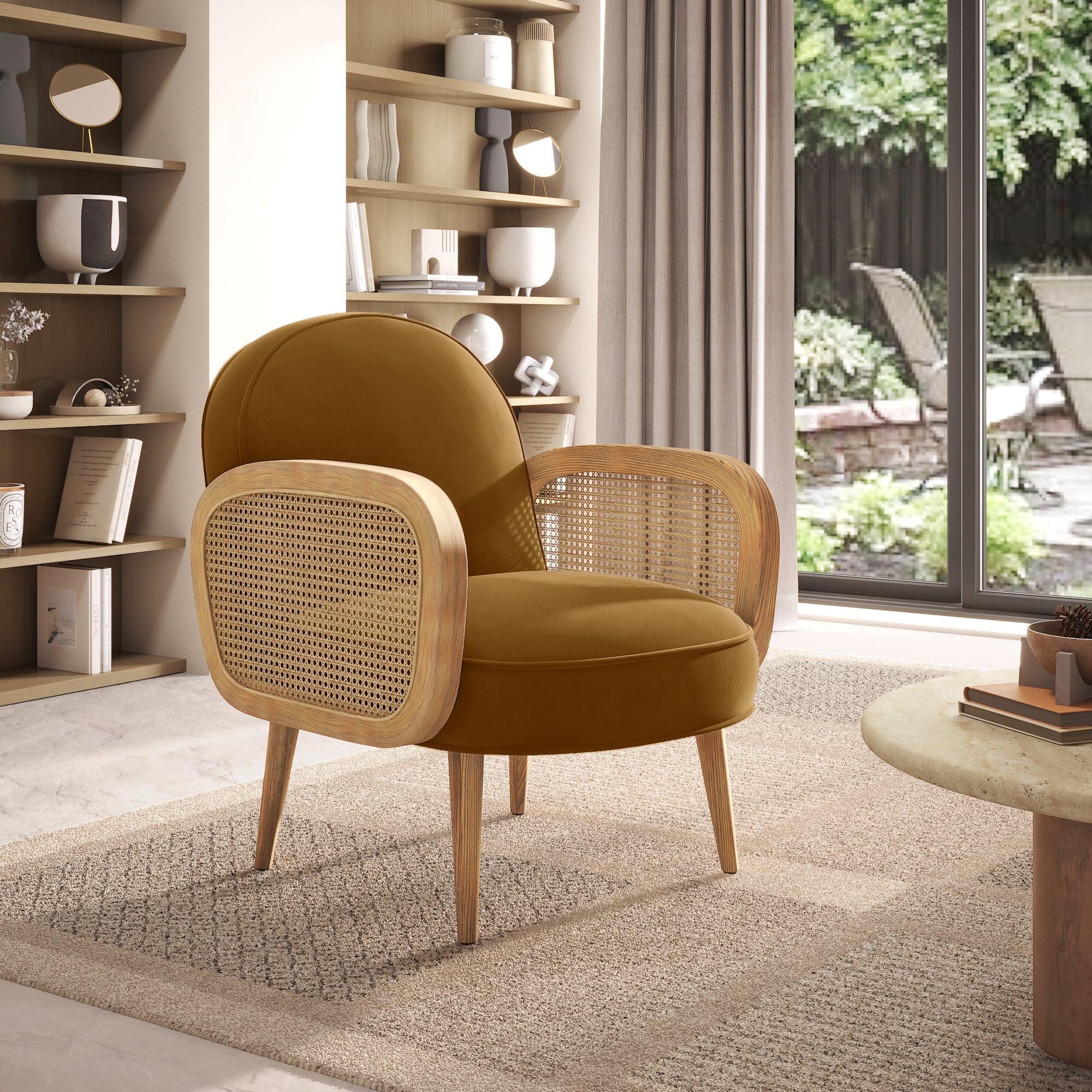 Arna Solid Wood Lounge Chair In Ochre Velvet - Urban Ladder