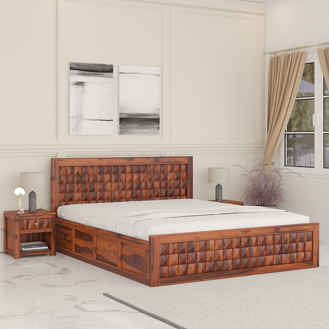 Keaton Sheesham Wood King Size Bed In Honey Oak Finish With Hydraulic Storage (72 x 78 inches)