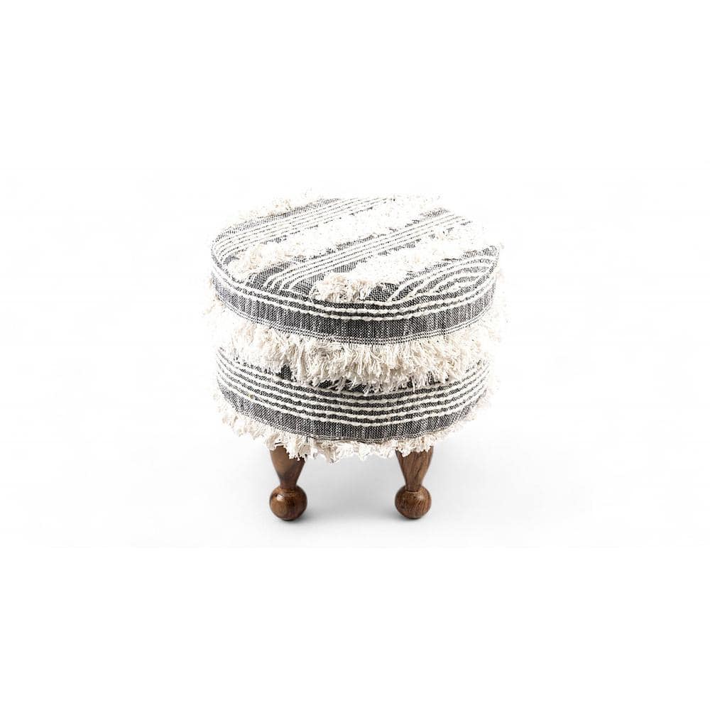 Louisville Acacia Wood Mid Century Round Set of 2 Pouf Stools in Grey Fabric