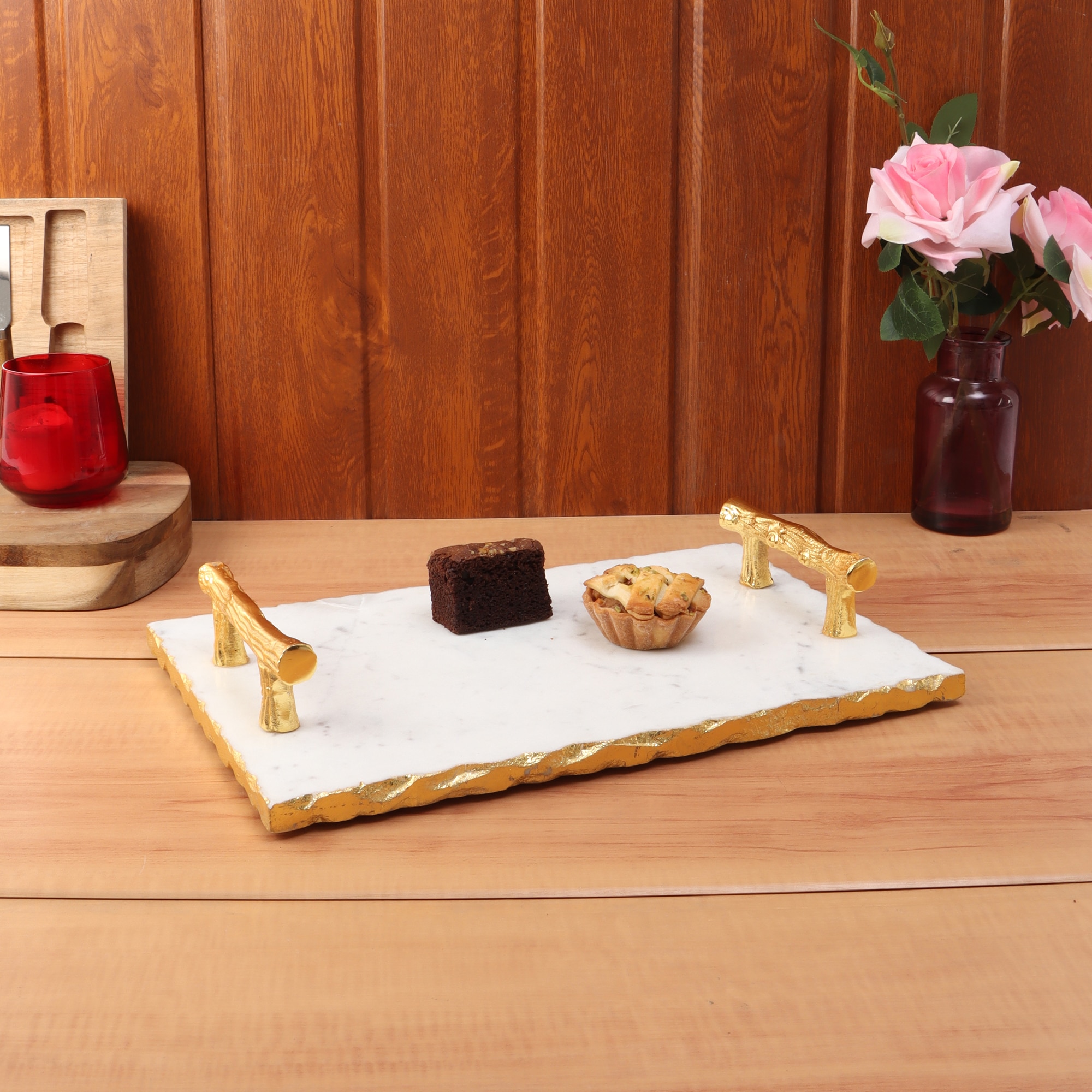 Rectangular Marble Tray with Gold Handle