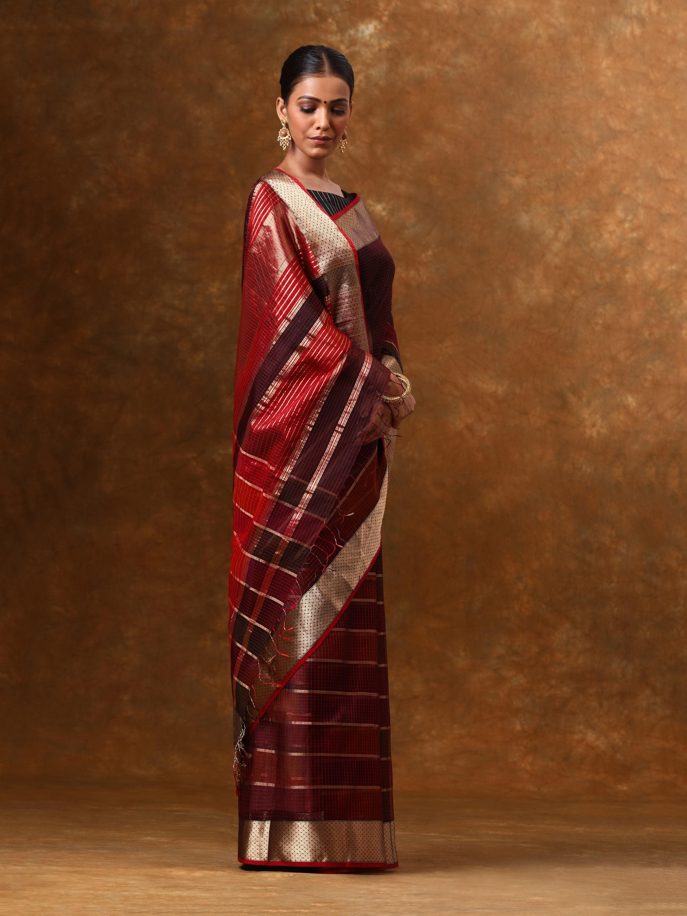 Maroon Cotton Silk Maheshwari Saree