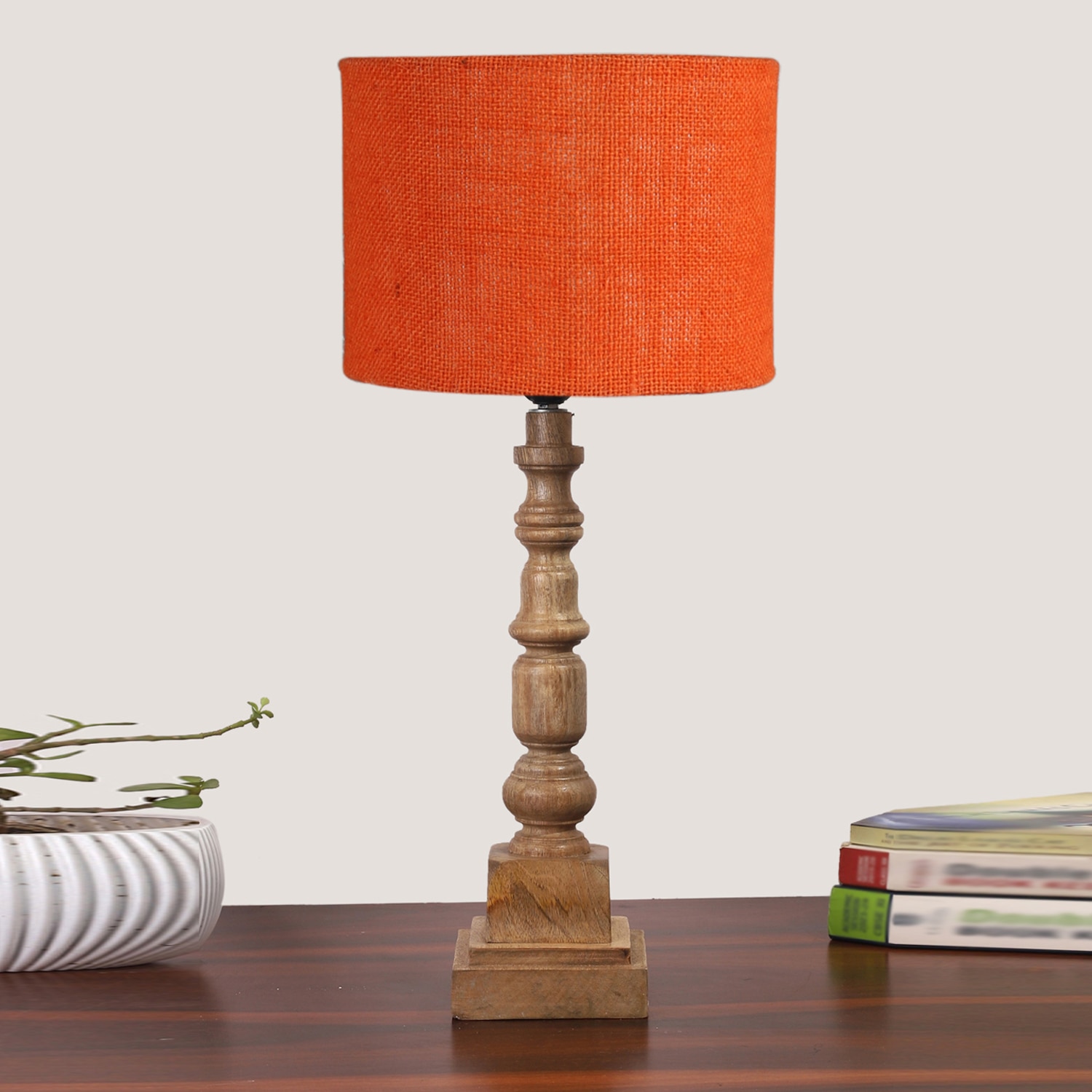 Devansh Orange  Jute   Table Lamp With  Wood Natural Base (7X7X21.25 Inches)-17 - Devansh