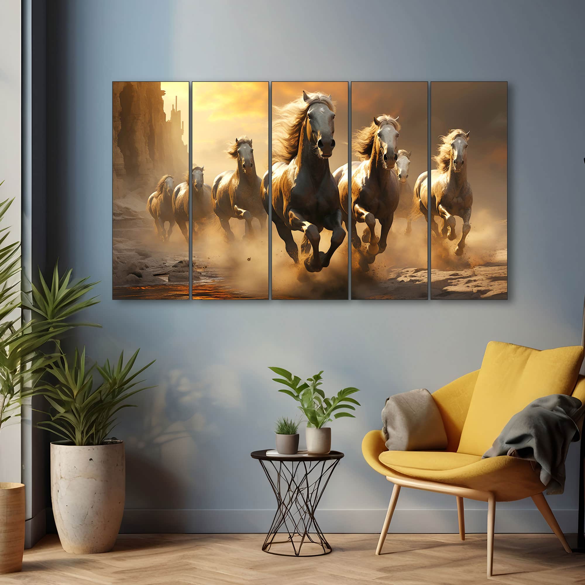 The Castle Decor 7 Running Horses Vastu Wall Art Framed Painting 27x48 Inch (Style 3) - The Castle Decor
