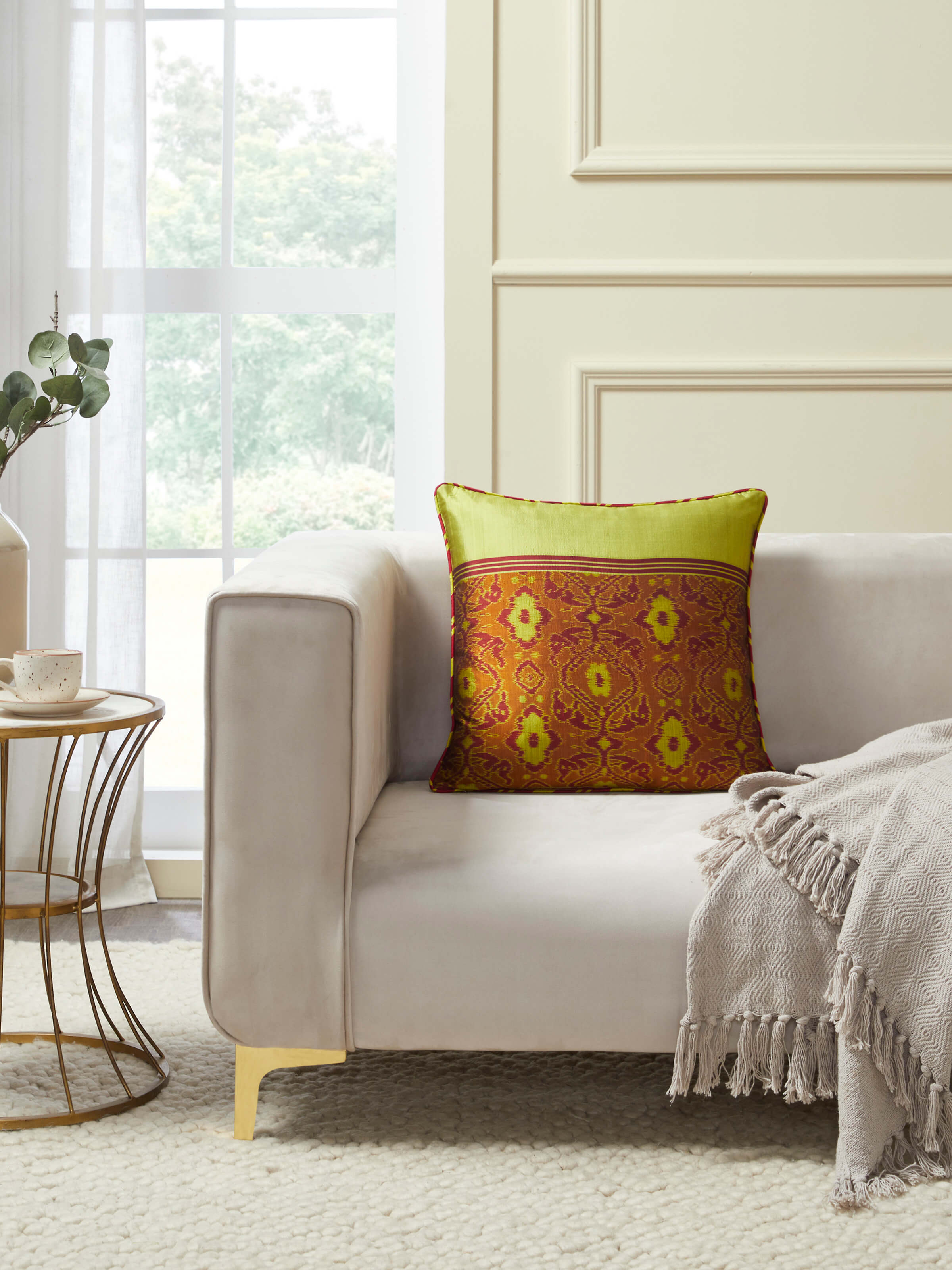 Top view displaying the cushion cover fully laid out, highlighting its size and pattern continuity