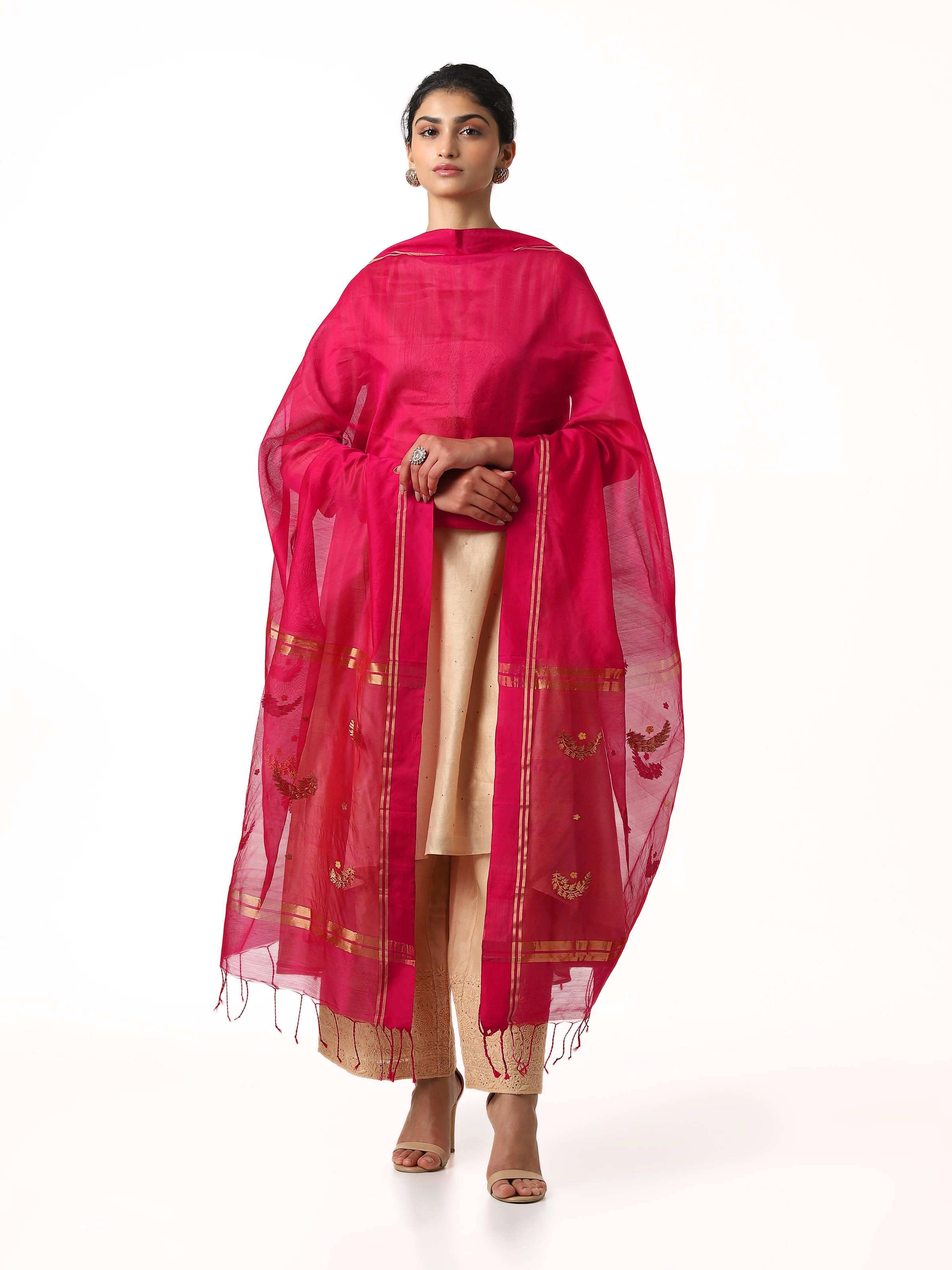 Pink cotton silk Chanderi dupatta with elegant finish - back view