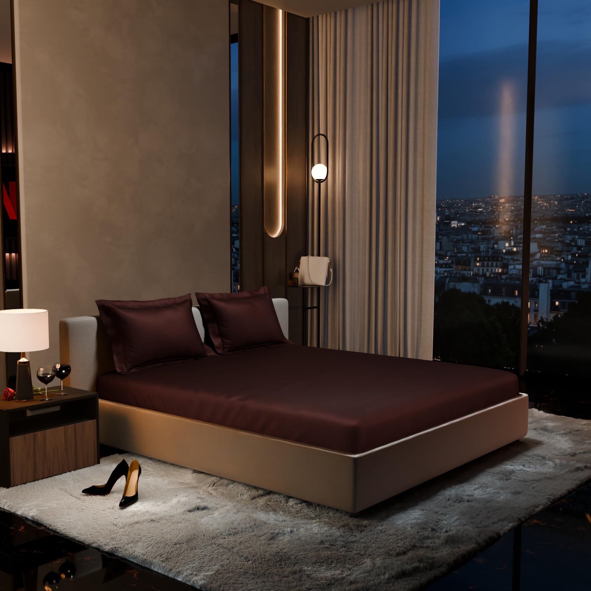 Stoa Paris 300TC UltrSatin Double Bedsheet Set Satin Double Hot Chocolate - Stoa Paris