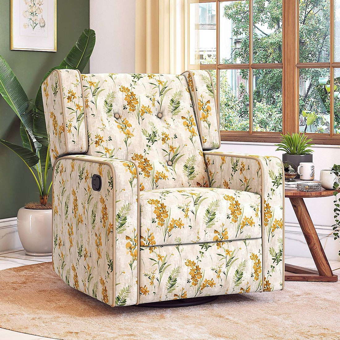 Irene One Seater Rocker Swivel Recliner in Mustard Floral Velvet Colour