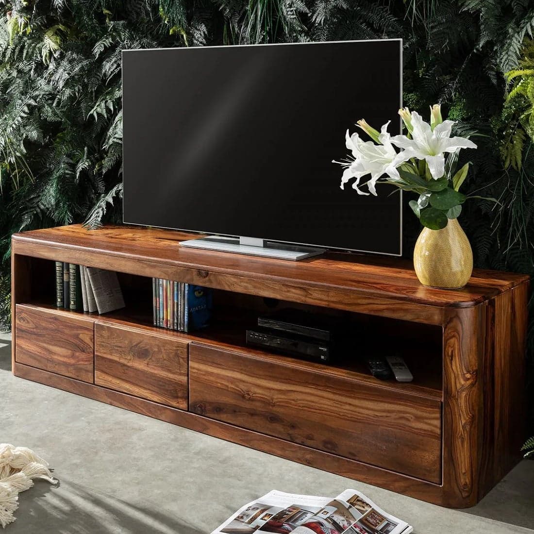 Nima Solid Sheesham Wood 3 Drawer & Open Shelves Tv Cabinet In Provincial Teak Finish - Demiwall