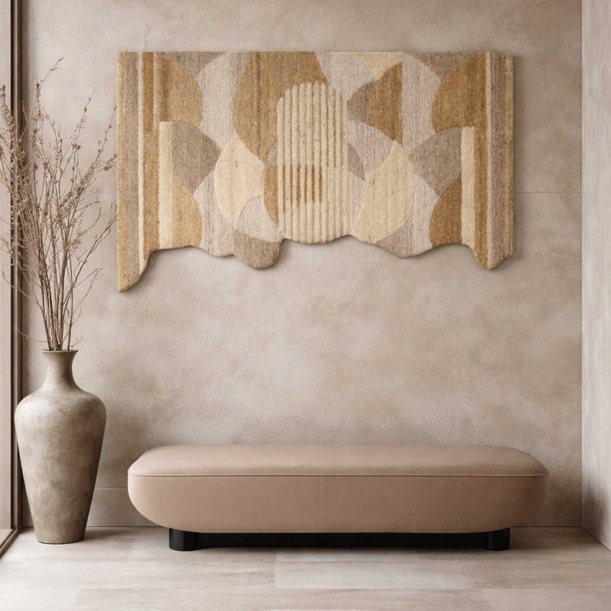 Abstract Handmade Natural Wool Wall Art Beige Geometric Textured 4 x 2 Feet - NEU LOOMS